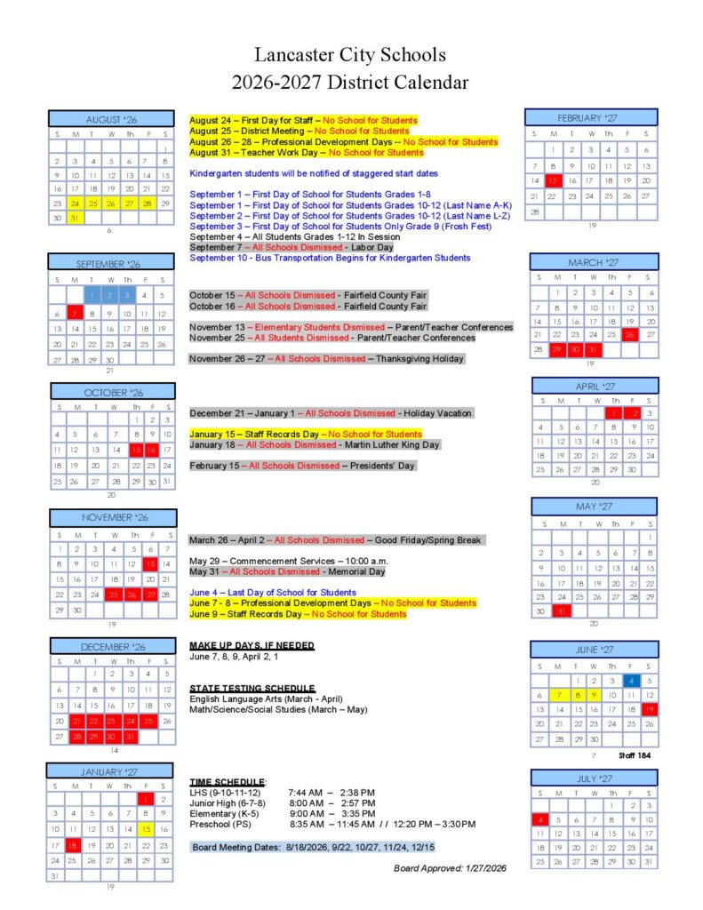 Lancaster City Schools Calendar 2026-2027