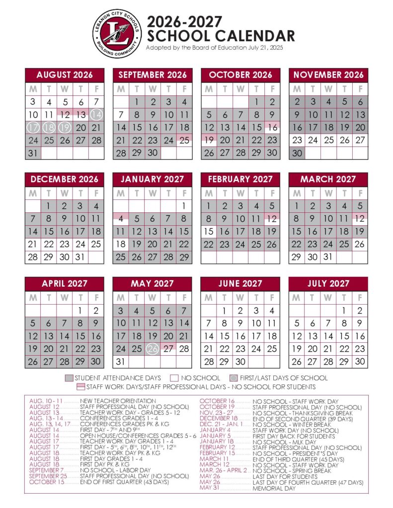 Lebanon City Schools Calendar 2026-2027