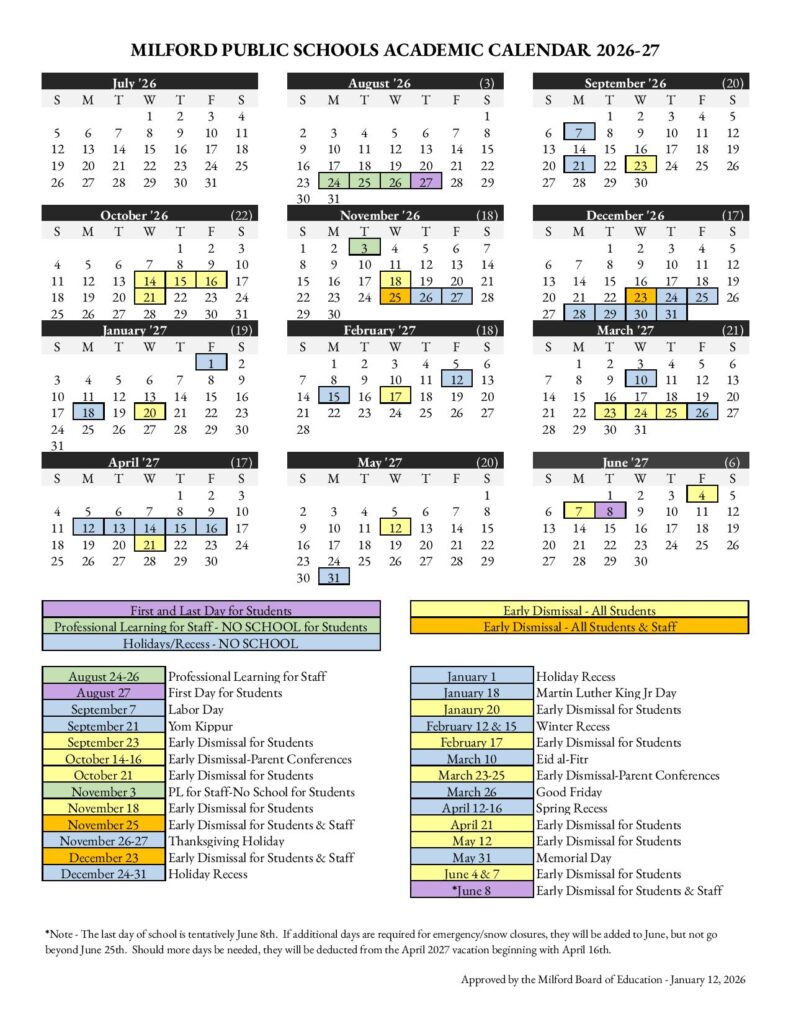 Milford Public Schools Calendar 2026-2027