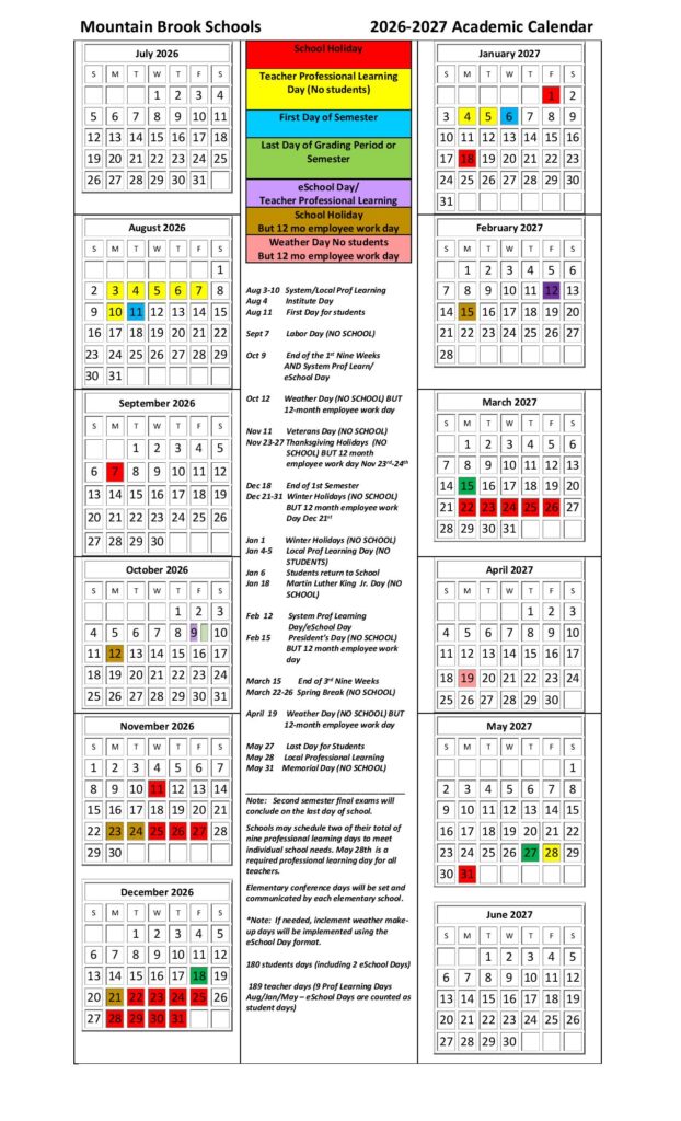 Mountain Brook Schools Calendar 2026-2027