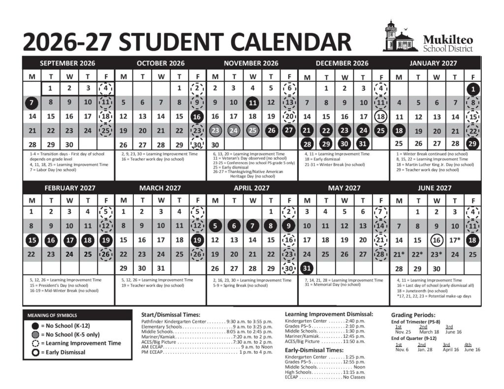 Mukilteo School District Calendar 2026-2027