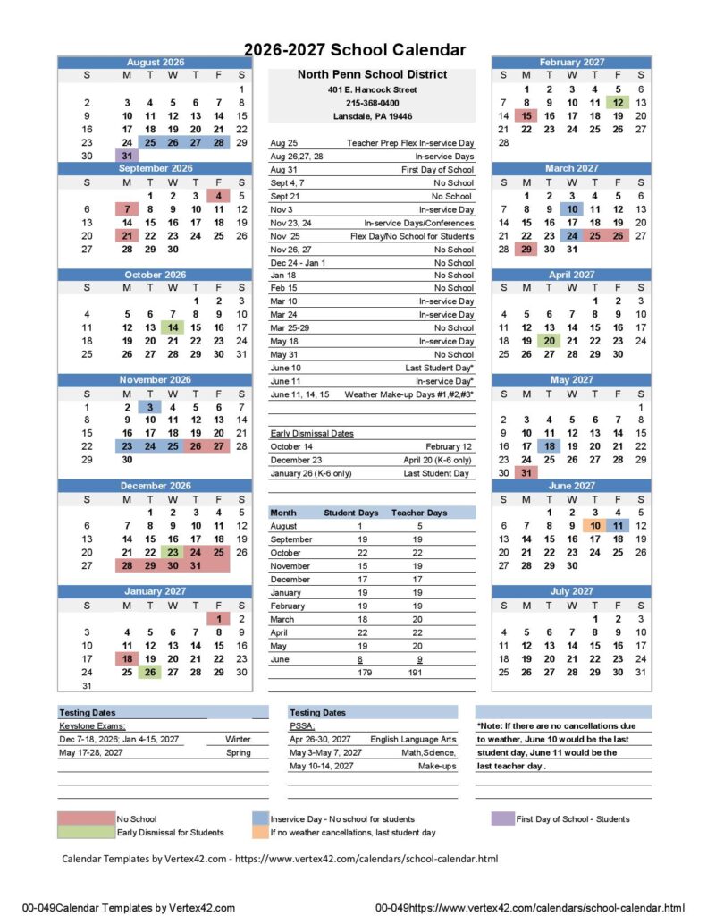 North Penn School District Calendar 2026-2027