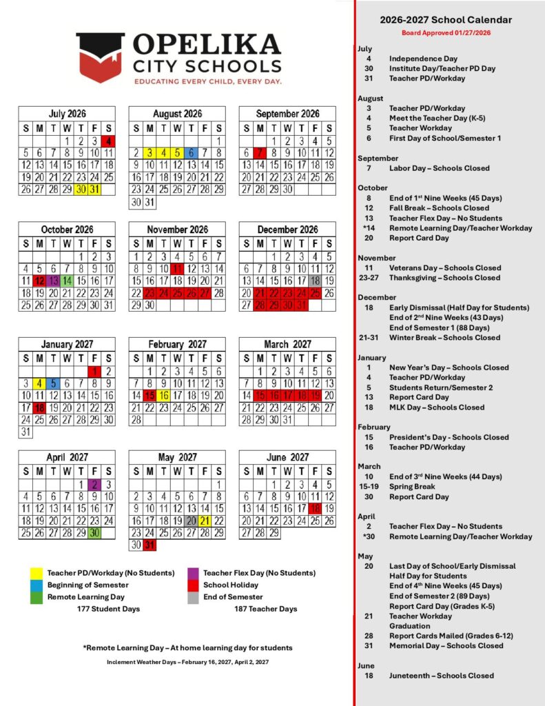 Opelika City Schools Calendar 2026-2027