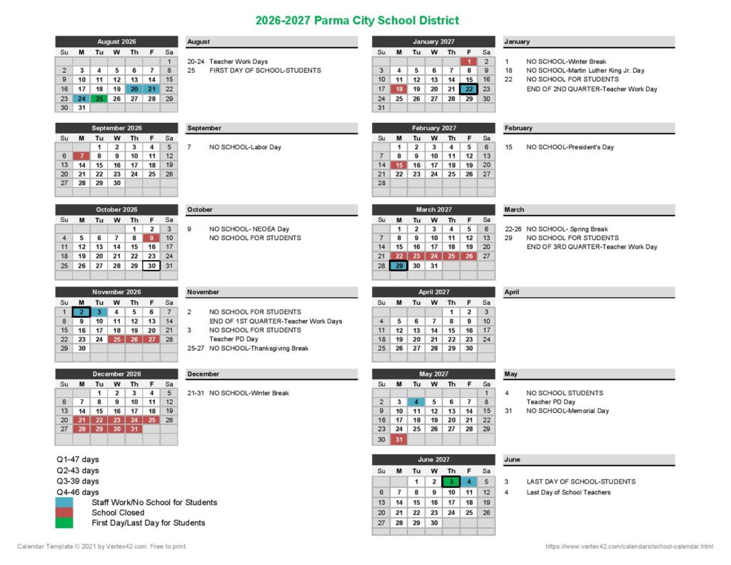 Parma City School District Calendar 2026-2027