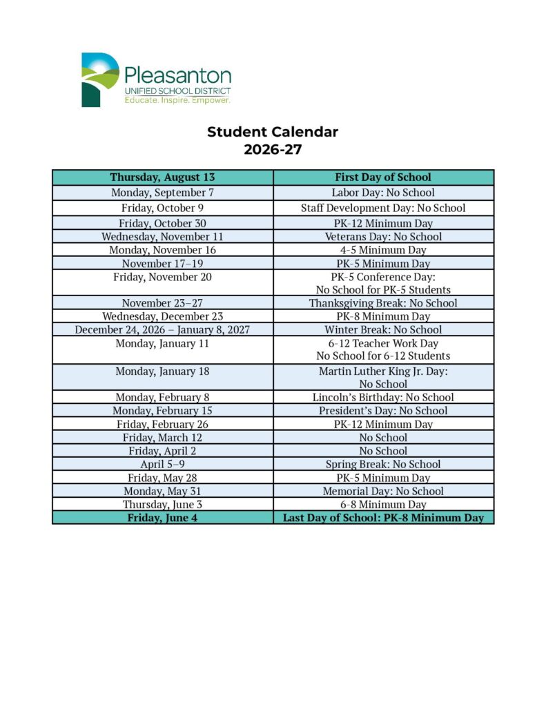 Pleasanton Unified School District Calendar 2026-2027