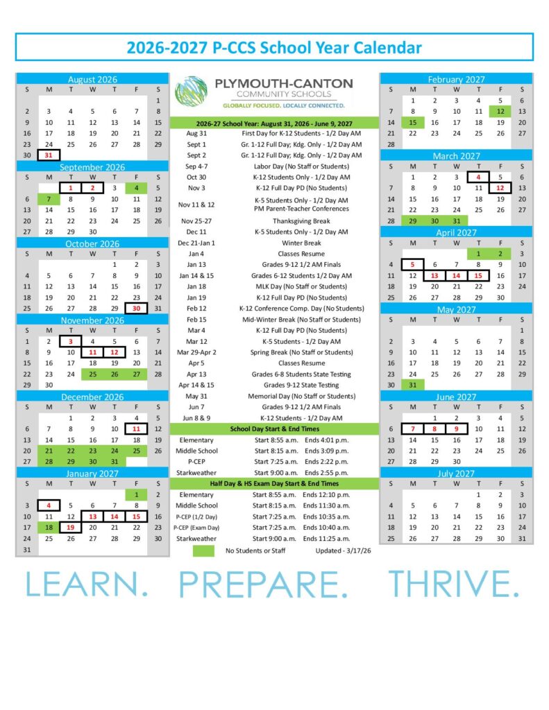 Plymouth Canton Schools Calendar 2026-2027