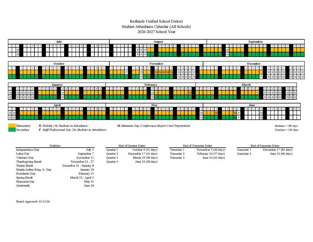 Redlands Unified School District Calendar 2026-2027