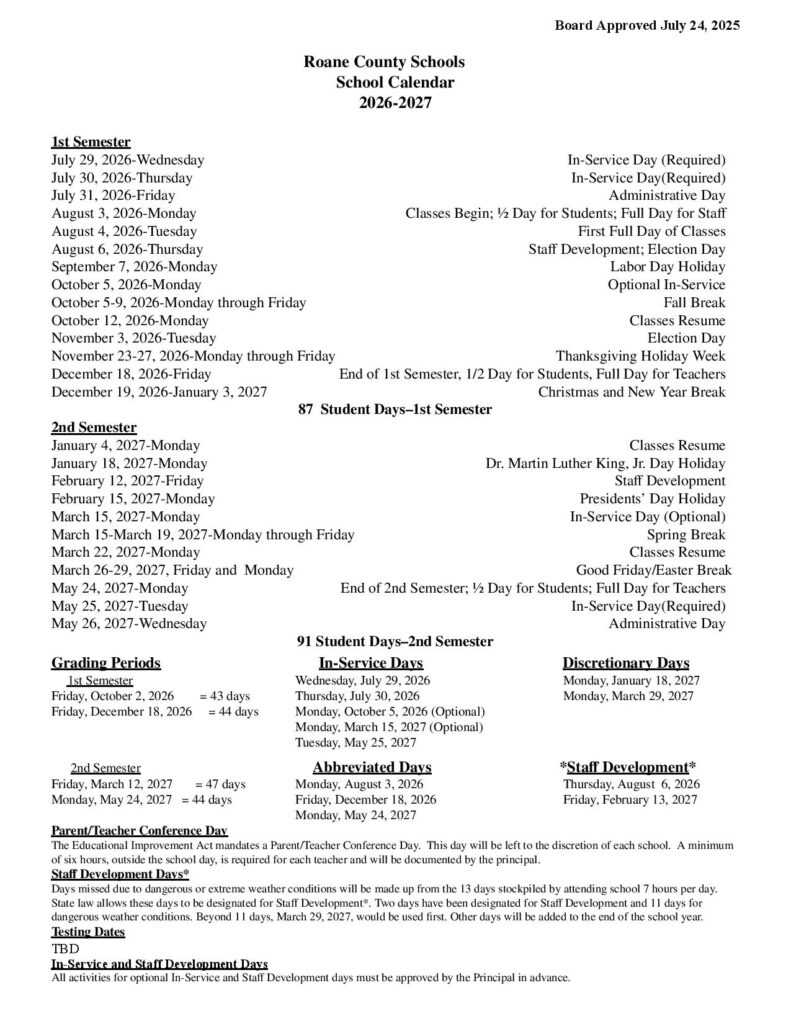 Roane County Schools Calendar 2026-2027