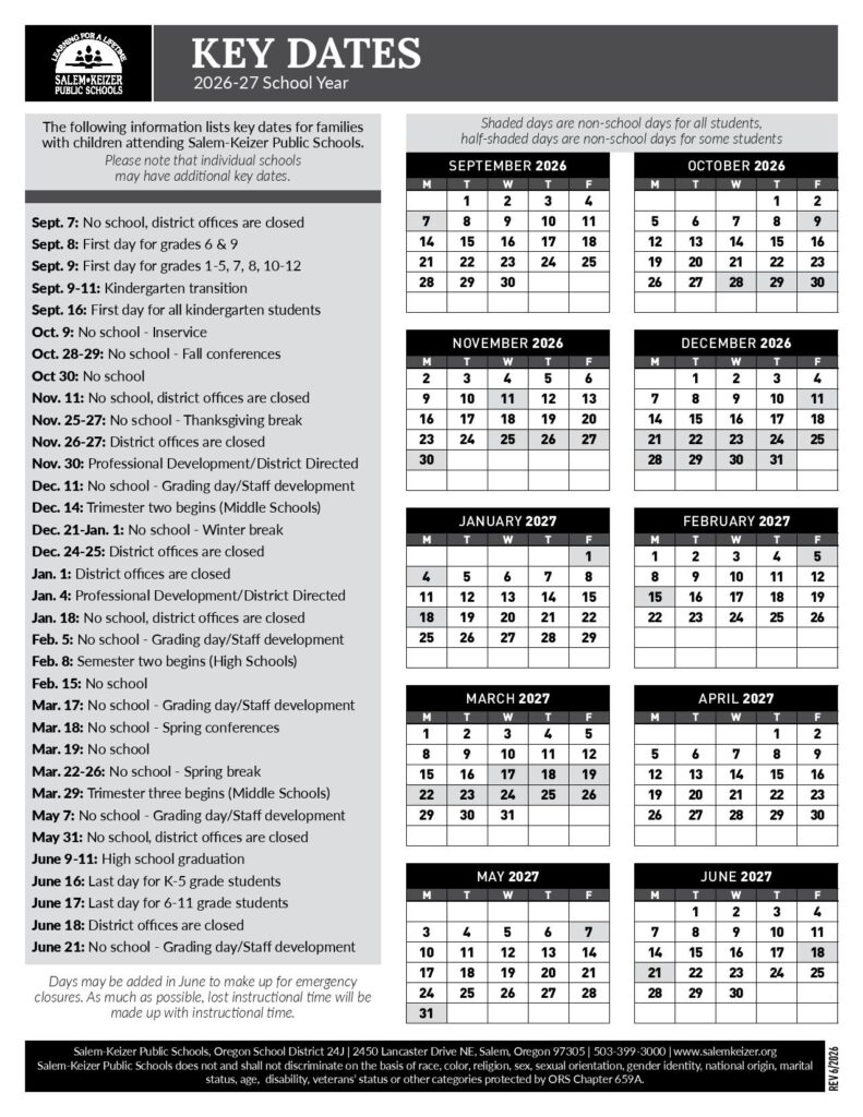 Salem Keizer School District Calendar 2026-2027