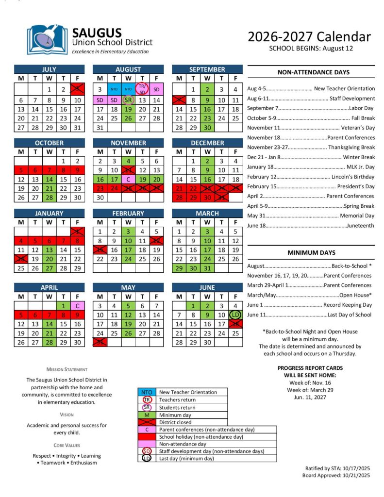 Saugus Union School District Calendar 2026-2027