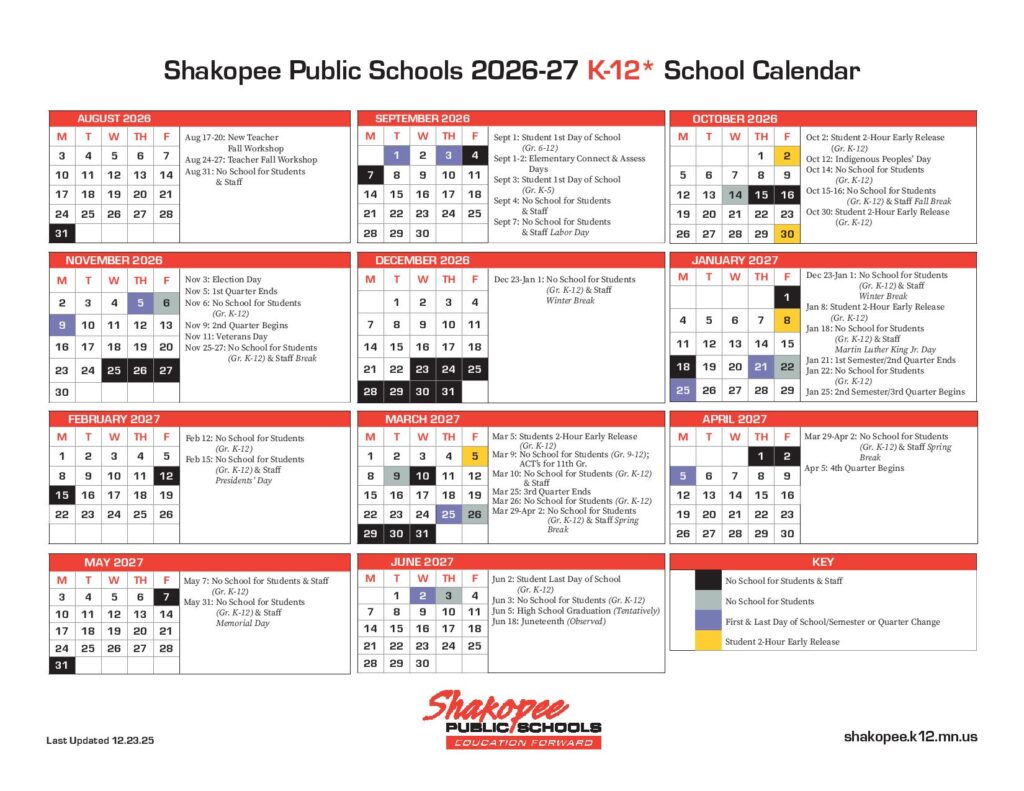 Shakopee Schools Calendar 2026-2027