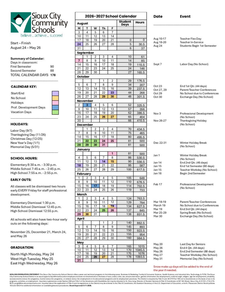 Sioux City Schools Calendar 2026-2027
