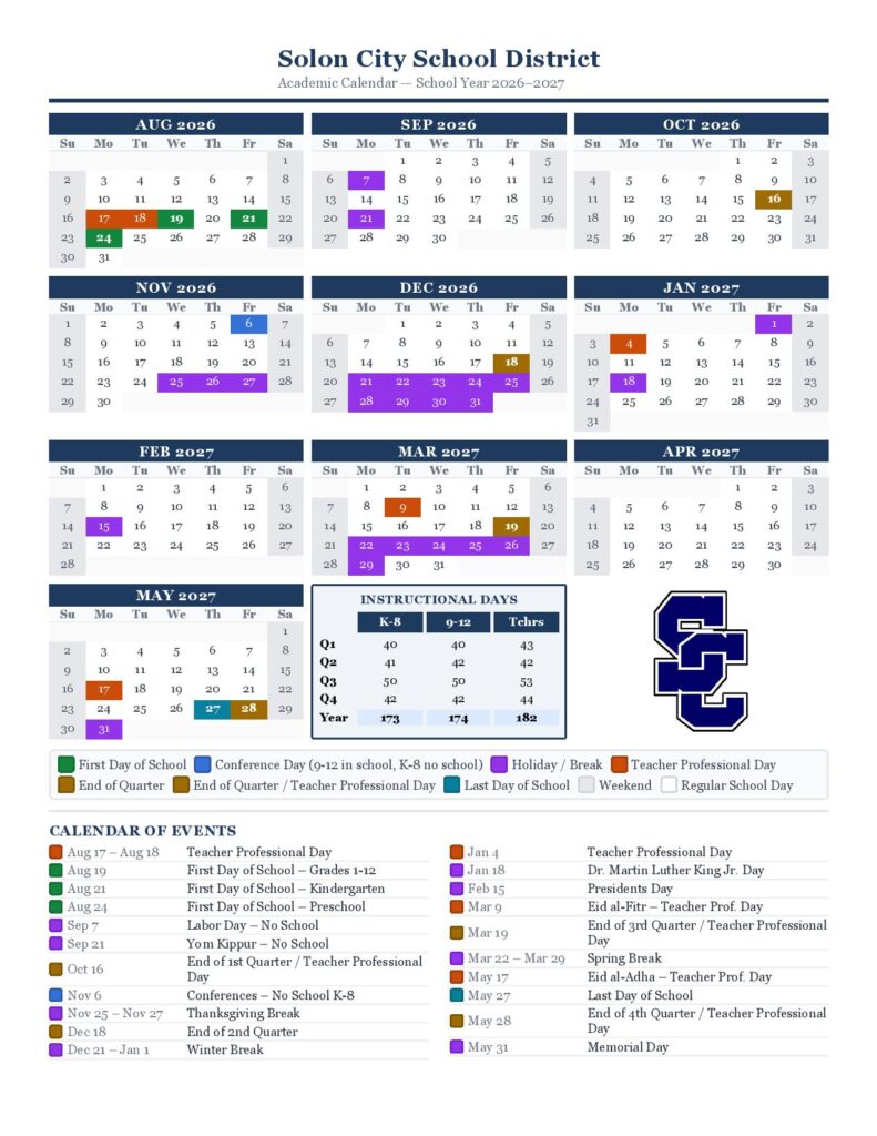 Solon City School District Calendar 2026-2027