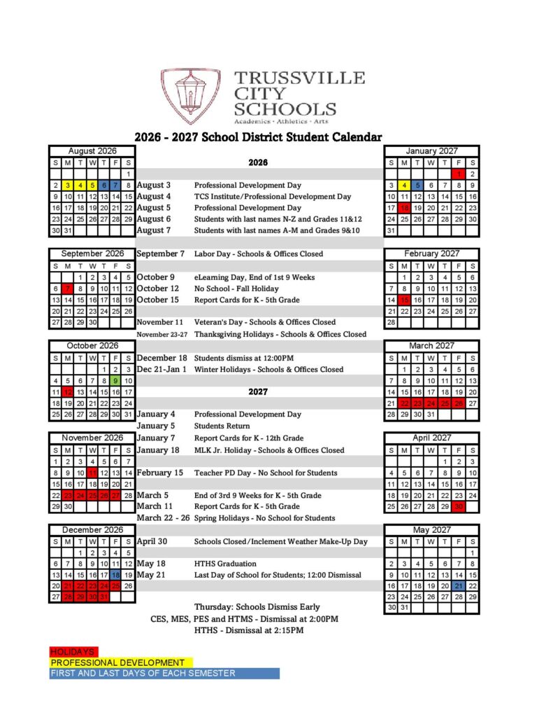 Trussville City Schools Calendar 2026-2027