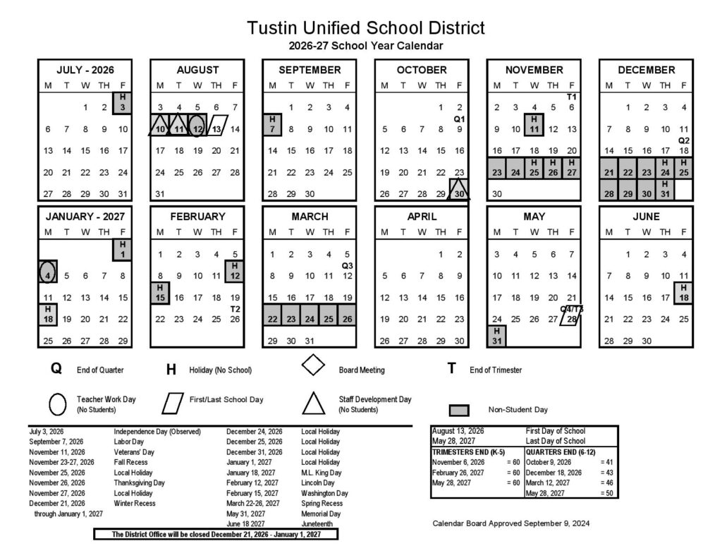 Tustin Unified School District Calendar 2026-2027