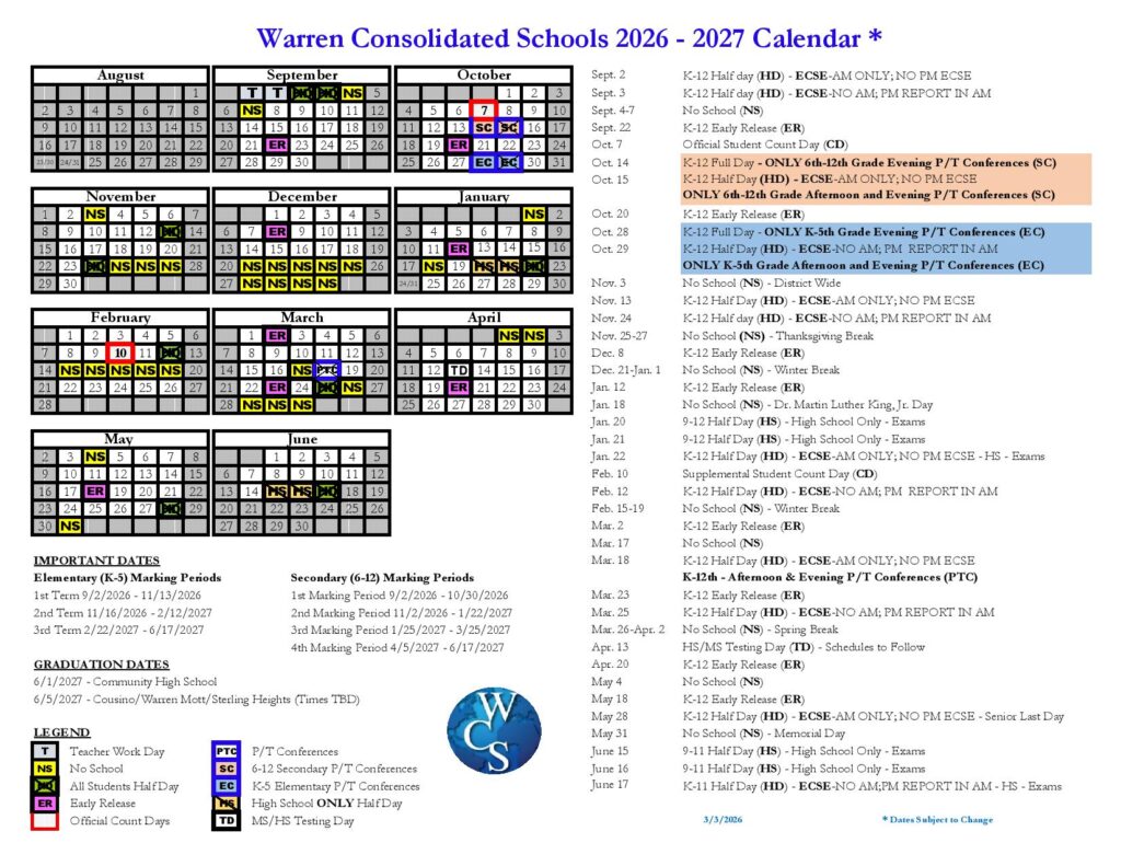 Warren Consolidated Schools Calendar 2026-2027
