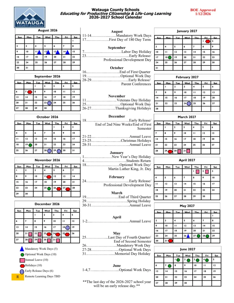 Watauga County Schools Calendar 2026-2027