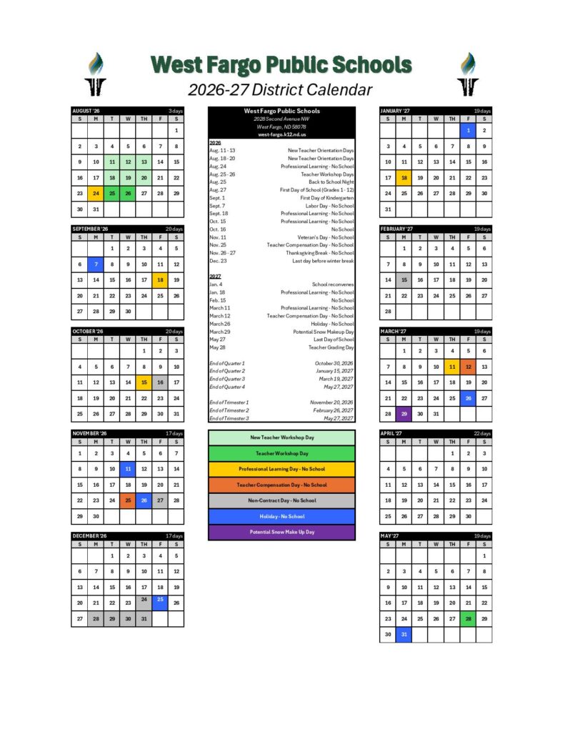 West Fargo Public Schools Calendar 2026-2027