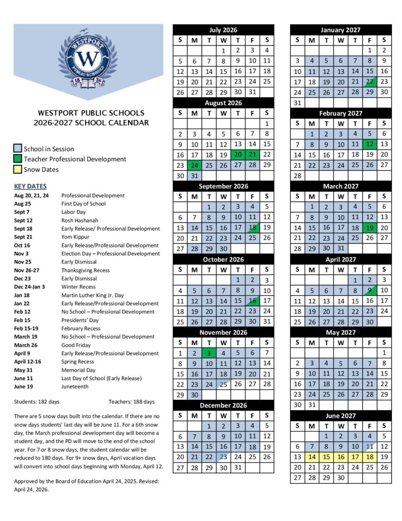 Westport Public Schools Calendar 2026-2027