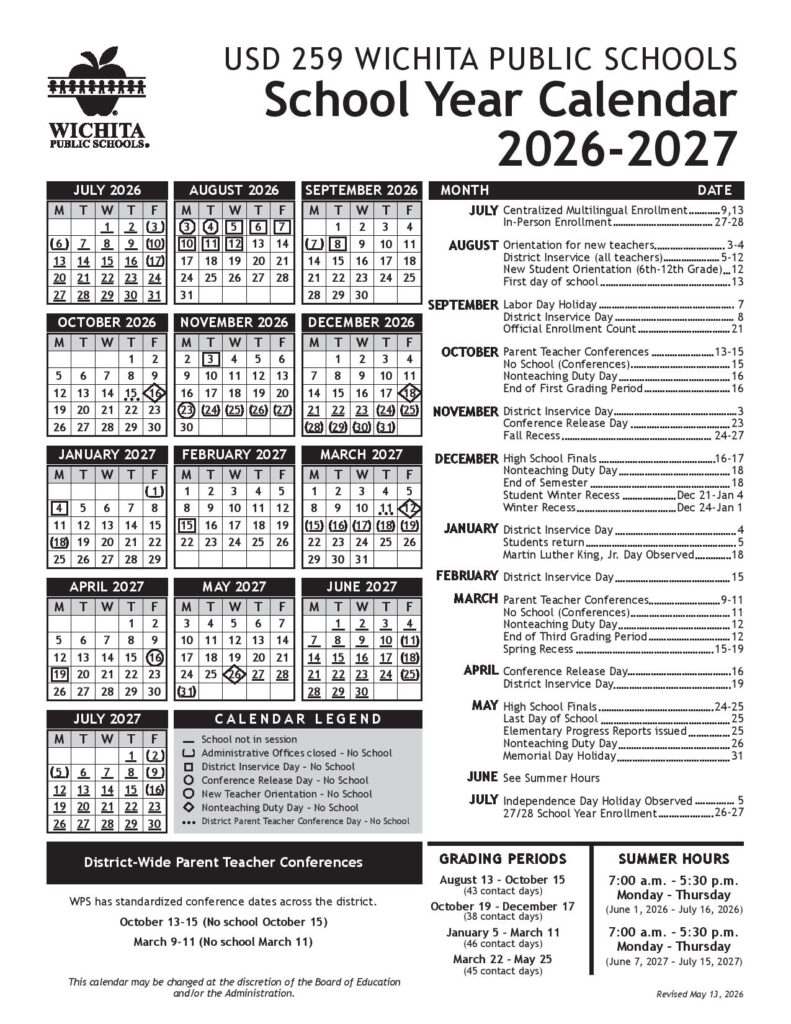 Wichita Public Schools Calendar 2026-2027