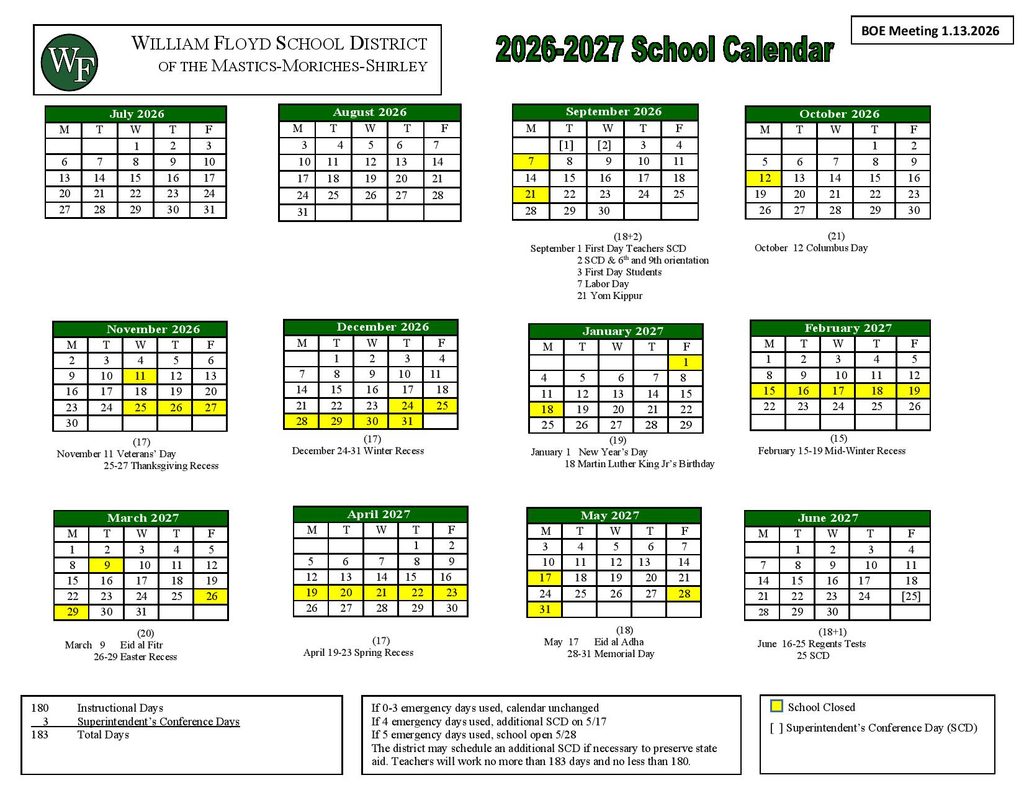 William Floyd School District Calendar 2026-2027