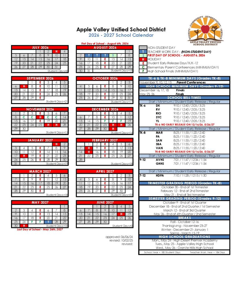 Apple Valley Unified School District Calendar 2026-2027