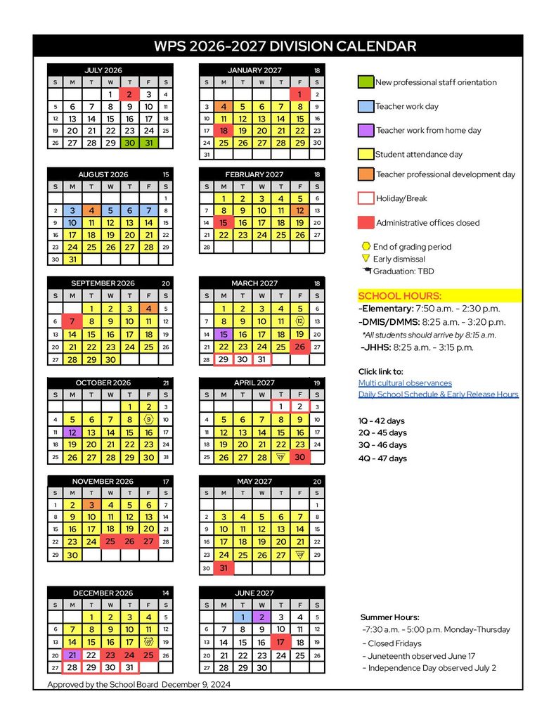 Winchester Public Schools Calendar 2026-27