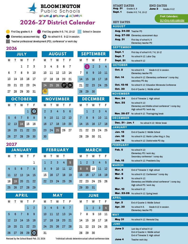 Bloomington Public Schools Calendar 2026-2027