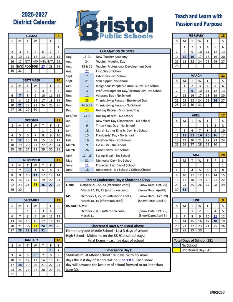 Bristol Public Schools Calendar 2026-2027