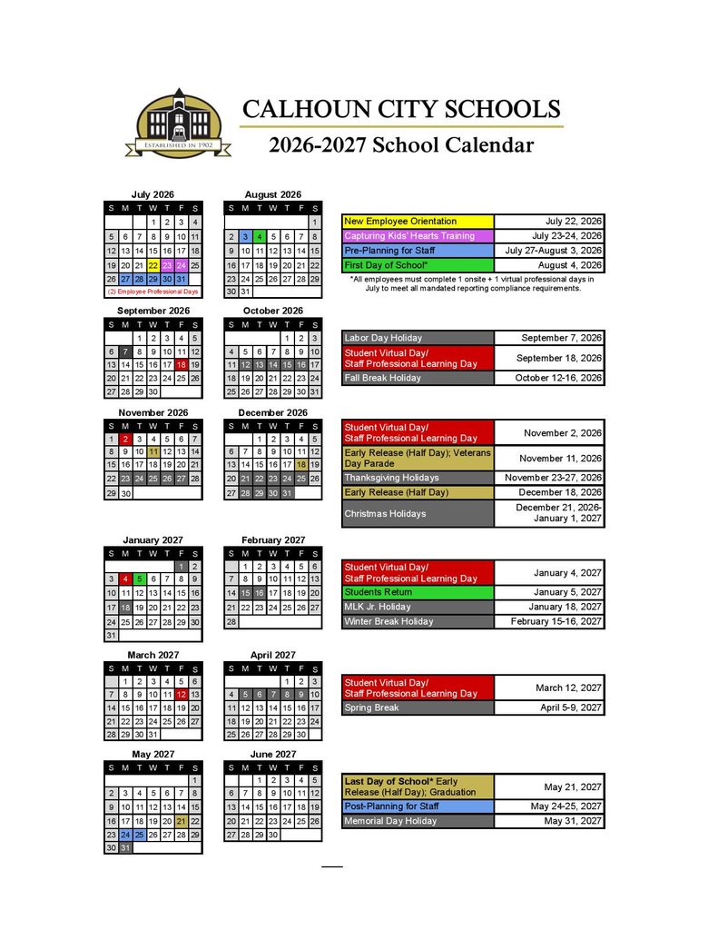 Calhoun City School District Calendar 2026-2027