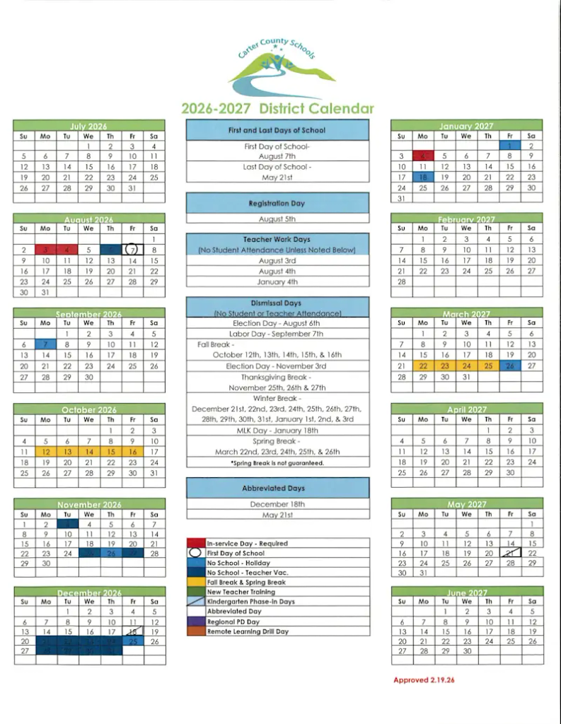 Carter County Schools Calendar 2026-2027