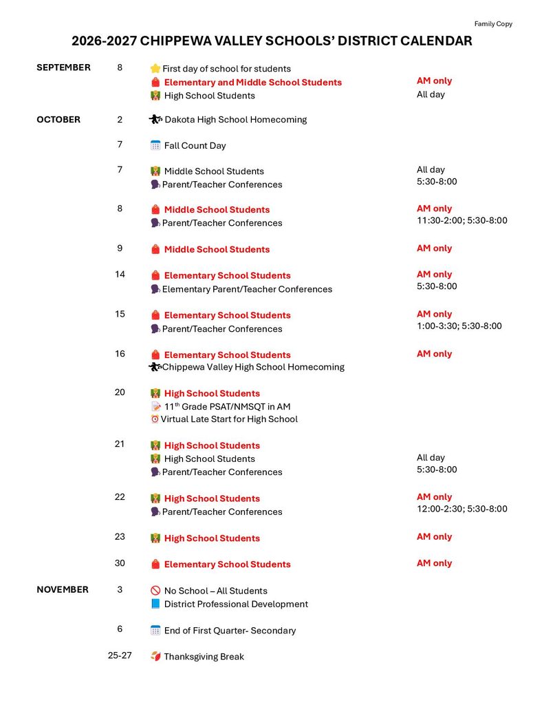 Chippewa Valley Schools Calendar 2026-2027